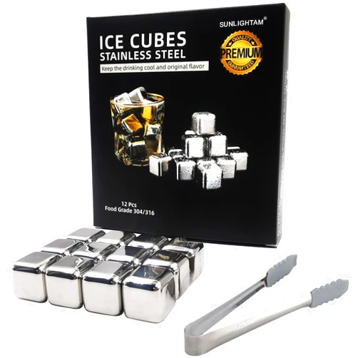 Sunlightam 12Pcs Reusable Stainless Steel Ice Cubes for Drinks Metal Whiskey Stones High Cool Down for Whiskey Vodka Liqueurs Wine Beverage Juice Soda