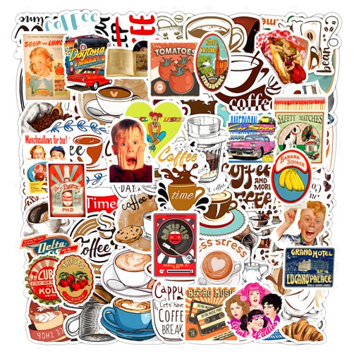 Sixberry 100 Pcs Vintage Coffee Stickers, Vinyl Waterproof Retro Old Movide Poster Coffee Mug Stickers Decals Bulk for Water Bottles Coffee Bar Cups Kitchen Decor Laptop Scrapbooking Car Party Favors
