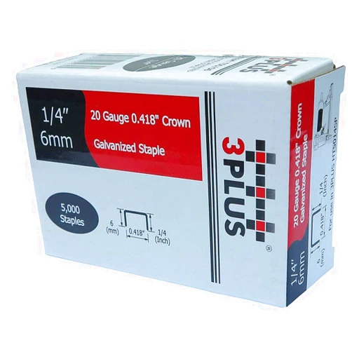 3PLUS T50/06 20 Gauge 3/8-Inch(10.6mm) Crown 1/4-Inch Leg Length Galvanized Fine Wire Staples, 5,000 per Box