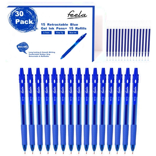 feela 30 Pack Retractable Blue Ink Gel Pens Set Medium Point 15 Piece Fine Point Gel Pen with 15 Refills for Smooth Writing