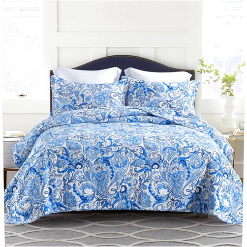 Camandy Cotton Bedspread Quilt Bedding Sets 3 Pieces Reversible Coverlet Sets Comforters Blue White Vintage Floral Paisley Bedspread, King Size