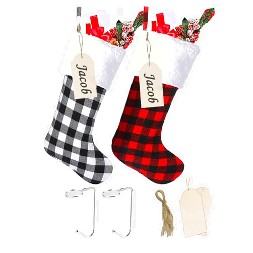 Fegwave Christmas Stockings Set of 2 Pack, Buffalo Plaid Christmas Stockings, 19 Inch Black White Red Plaid Christmas Stockings, Farmhouse Family Christmas Stockings, White Red Xmas Stockings 2
