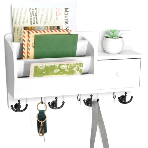 Rebee Vision Key Holder Wall Mount and Mail Organizer : Farmhouse Key and Mail Holder for Wall with Drawer and 7 Key Hooks - Decorative Home Organization for Wall Decor Aesthetic (White)