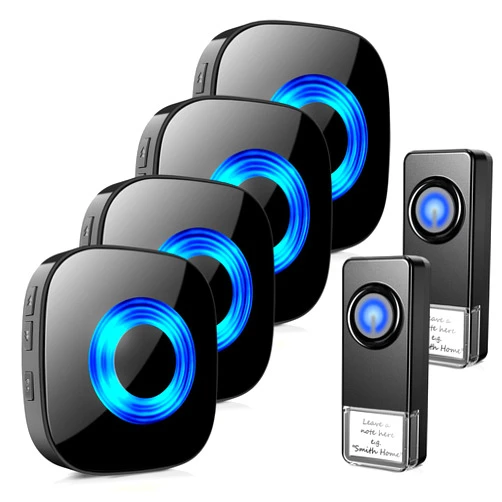 PHYSEN Wireless Doorbell for Home, Waterproof Door Chime Kit Operating at 1300-ft 58 Adjustable Melodies & 5 Volume Levels -PHYSEN Door Bell Wireless with LED Strobe, 2 Push Buttons + 4 Plug in Receivers