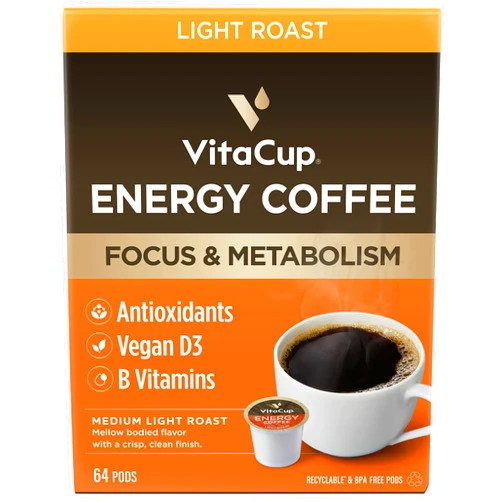VitaCup Light Roast Coffee Pods with Vitamin B1, B5, B6, B9, B12 & D3 Infused for Energy & Metabolism in Recyclable Single Serve Pod Compatible with K-Cup Brewers Including Keurig 2.0, 64 Count