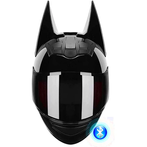 Lnpadp Personalized Full Face Cat Bat Ear Bluetooth Motorcycle Helmet Black Cool Adults Men Woomen Locomotive Helmet, DOT Approved, Comfortable Breathable Scooter Moped Cruiser Jet Chopper Helmets, S-XXL