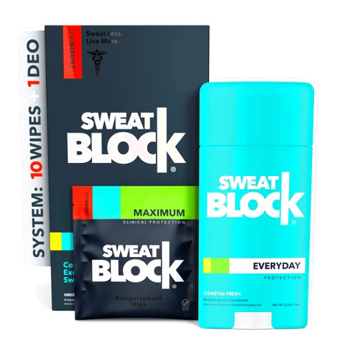 SweatBlock Antiperspirant Deodorant System for Men & Women. Prescription Strength Regimen - Hyperhidrosis Aid for Excessive Sweating & Underarm Odor. Up to 7-days Sweat Control (10 Wipes + 24hr Deo)