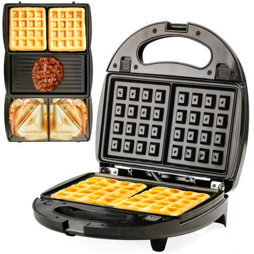 OVENTE Electric Sandwich, Panini and Waffle Maker Set with 3 Removable Non-Stick Plates, 750 Watts, Perfect for Grilled Cheese, Tuna Melts, Burgers, Steaks and Snacks, Black GPI202B