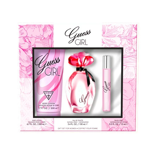 GUESS Girl Eau de Toilette 3 Piece Gift Set - Perfume Spray 3.4 Fl. Oz., Travel Spray 0.5 Fl. Oz., & Body Lotion 6.7 Fl. Oz
