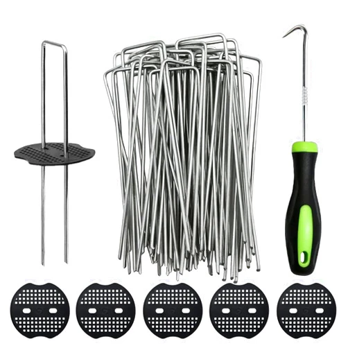 Sweetfamily 50 Pcs 6 inch Garden Landscape Staples with 50pcs Gasket,Galvanized Garden Stakes Ground Weed Fabric Barrier, Orchard, Yard, Tents,U-Type Heavy Duty