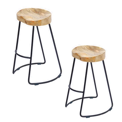 TUP THE URBAN PORT The Urban Port Ela 30-Inch Mango Wood Industrial Barstool, Saddle Seat, Iron Frame, Set of 2, Natural Brown and Black