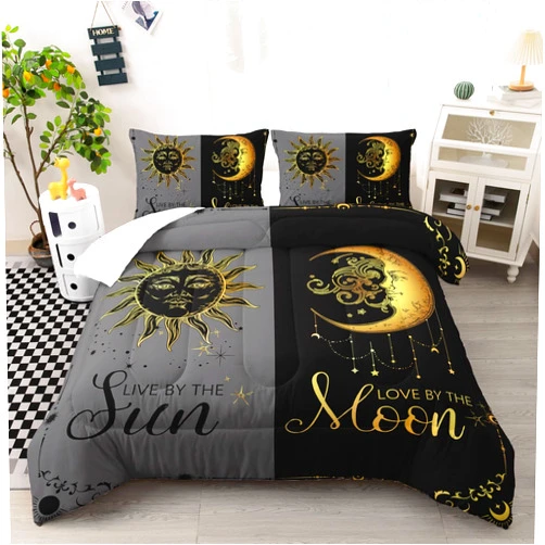 Ntlfup Moon and Sun Bedding Set Twin Size， Boho Style 3pcs Bedding Set, Grey and Black Comforter Home Decoration
