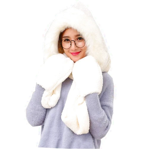 CNGYNI Winter Warm Women Hoodie Hat/Scarf/Gloves Set Soft Plush Thick Warm Hat
