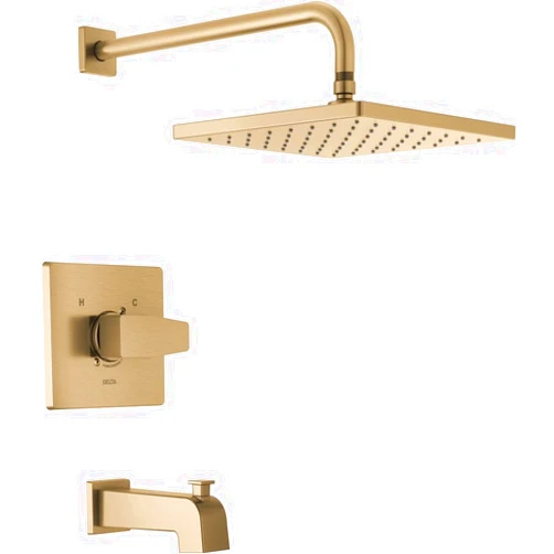 Delta Faucet Modern Raincan Square Single-Function Tub and Shower Trim Kit Gold, Tub Faucet Set, Rainfall Shower Head Gold, Delta Shower Kit, Champagne Bronze T14468-CZ-PP (Valve Not Included)