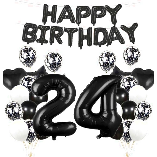 GLZLMM 24th Birthday Balloon 24th Birthday Decorations Black 24 Balloons Happy 24th Birthday Party Supplies Number 24 Foil Mylar Balloons Latex Balloon for Girls,Boys,Women,Men