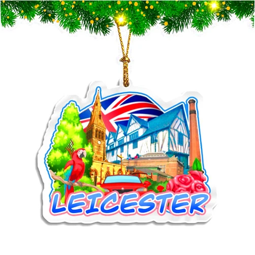 Quwsne Christmas Ornament for Leicester UK City Travel Souvenir Acrylic Xmas Tree Decoration Double Sided Hanging Pendant Collection Car Backpack Accessories G