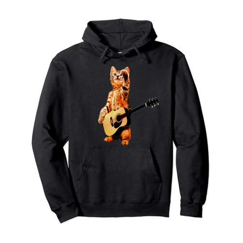Cat Kitties Kitten Play Acoustic Guitar Cat Playing Acoustic Guitar Cool Musician Guitarist Pullover Hoodie