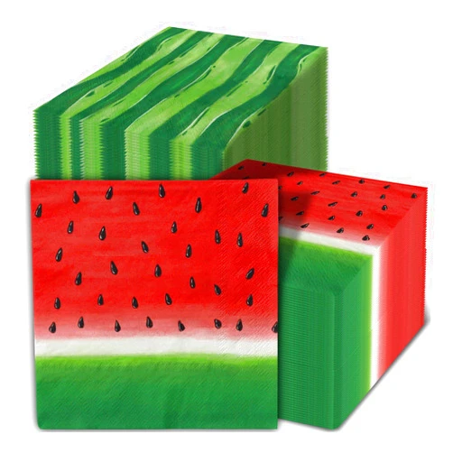 AnyDesign 100Pcs Watermelon Paper Napkins Summer Holiday Disposable Luncheon Napkins Red Green Cute Fruit Dessert Dinner Hand Napkins for Birthday Wedding Baby Shower Party Supplies, 6.5 x 6.5 Inch