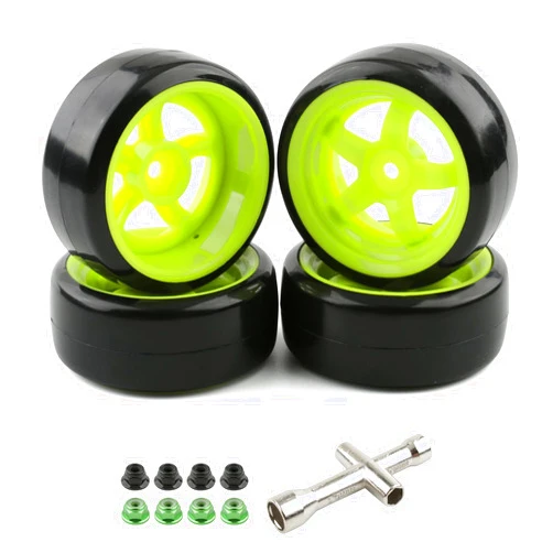 Rchobbytop 4pcs 1/10 RC Drift Tires 26mm Smooth Hard Plastic Tyre Fluorescent Green 12mm Hex Wheel Rim for On Road Drifting Cars Tamiya HPI MST HSP 3RACING Redcat EPX Exceed RC