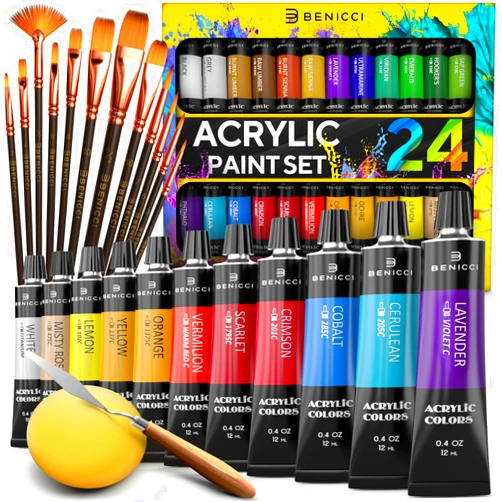 Benicci Complete Acrylic Paint Set – 24х Rich Pigment Colors – 12x Art Brushes with Bonus Paint Art Knife & Sponge – for Painting Canvas, Clay, Ceramic & Crafts, Non-Toxic & Quick Dry – for Kids & Adults