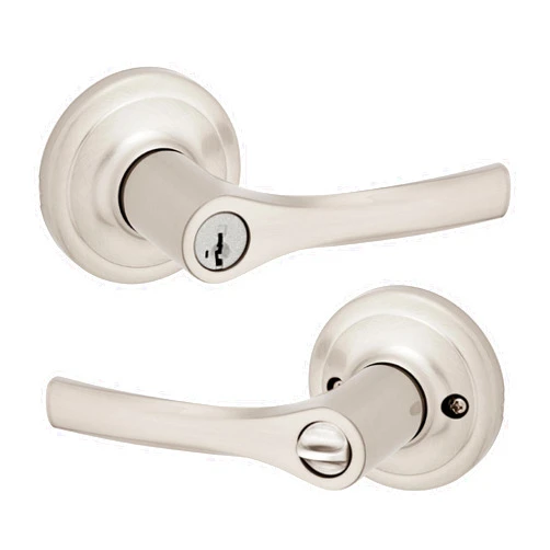 Kwikset Henley Entry Door Handle with Lock and Key, Secure Keyed Reversible Lever Exterior, For Front Entrance and Bedrooms, Satin Nickel, Pick Resistant Smartkey Rekey Security and Microban