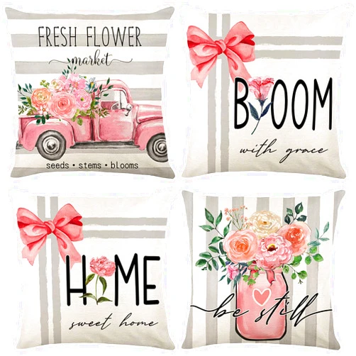 Kerton Stork Pink Pillow Covers 18X18 Set of 4, Floral Decorative Throw Pillows for Couch, Grey Striped Linen Throw Pillow Covers Square Accent Couch Sofa Pillows for Living Room Patio