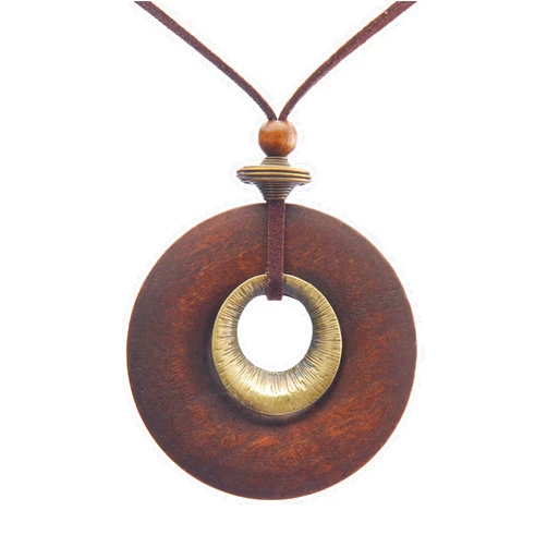 Popeoiuh Leather Necklace for Women Vintage Simple Boho Choker Necklace Circle Wooden & Alloy Pendant Necklace with Long Brown Leather Cord