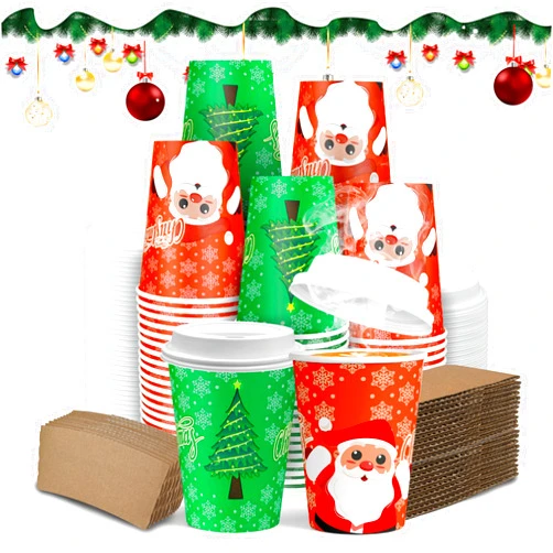 Charmount 100Pcs 12 Oz Christmas Disposable Coffee Cups with Lids & Sleeves,To Go Coffee Cups for Hot Chocolate,Drinks and Christmas Party Decoration Supplies