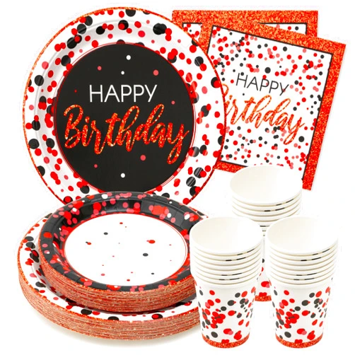 Royal Bluebonnet Red and Black Birthday Decorations - Set of 24 Red Black Birthday Plates, Black and Red Birthday Decorations, Red and Black Party Supplies, Red and Black Happy Birthday Decorations