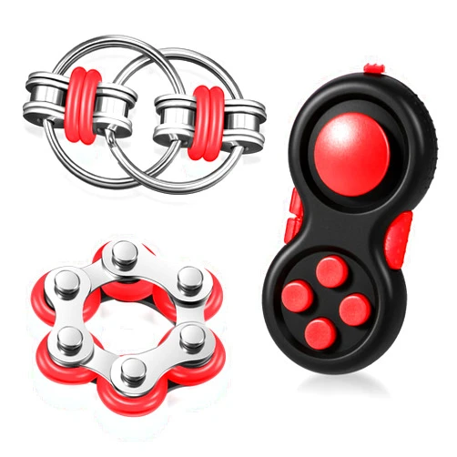 Gejoy 3 Pcs Fidget Toys Adults Set Handheld Fidgets Controller Pad Game Six Roller Chain Key Flippy Chain Autism Sensory for ADHD Add OCD Autism Anxiety Stress Relief Teen Kids(Black and Red)