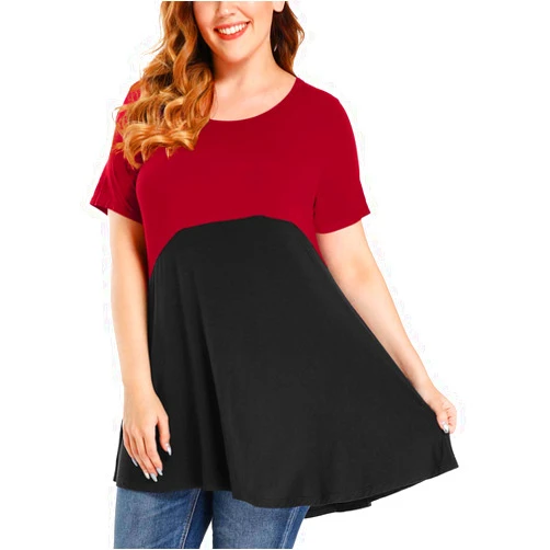 MONNURO Womens Short Sleeve Plus Size Tunic Tops Color Block Casual Loose Summer Swing Tee Shirts for Leggings