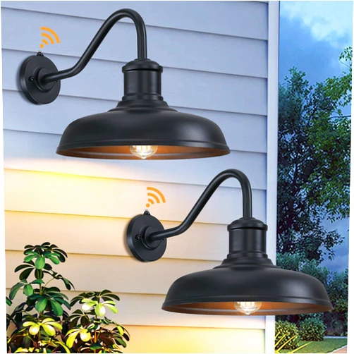 MYHXQ 13.8'' Large Dusk to Dawn Outdoor Gooseneck Barn Light, 2-Pack Outdoor Wall Sconce Farmhouse Exterior Light Wall Lighting Fixture Industrial Black Lantern for Porch, Entryway, Garage