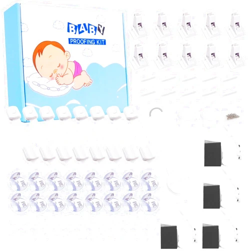 HassGuk 67 Packs Baby Proofing Kit including 10 Cabinet Locks & 2 Keys, 8 Adjustable Safety Latches, 26 Outlet Covers, 16 Baby Proof Corners, 4 Anti Tip Furniture Anchors Kit and 1 Toilet Seat Lock.