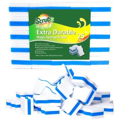 SCRUBIT (25 Pack) Extra Durable Eraser Sponge by SCRUBIT - Kitchen, Bathroom, Floor & Wall Cleaner -Melamine Magic Cleaning Sponges - Extra Thick Erasers, Best Cleaning Supplies for The Toughest Stains & Dirt