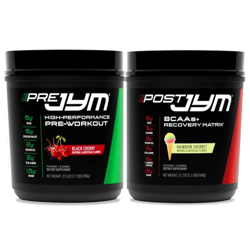 JYM Supplement Science PRE JYM 30 Black Cherry & Post JYM Rainbow Sherbert Post-Workout 30 Servings Muscle Recovery Drink