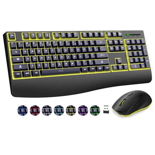 EDJO Wireless Keyboard and Mouse Combo, 7 Backlit Effects, Wrist Rest, Sleep Mode, 2.4G Lag Free Ergonomic Wireless Keyboard with 6 Buttons Cordless Mouse for Windows, Mac, Computer, PC, Laptop
