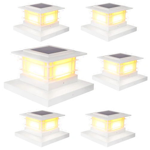 Dynaming 6 Pack Solar Post Lights Outdoor, Solar Powered White Shell Fence Post Cap Lights, High Brightness Warm White LED Lighting for Garden Deck Patio, Fit 4x4, 5x5 or 6x6 Vinyl/Wooden Posts