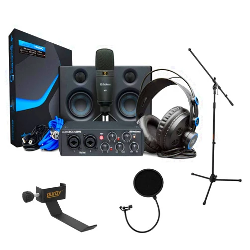 PreSonus AudioBox Studio Deluxe Ultimate Bundle (25th Anniversary) with Mic Stand, Headphone Holder & Pop Filter Kit