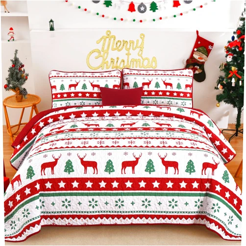 Goodidea Christmas Quilt Set Queen Size 3 Pieces Striped Bedspreads Red Elk Christmas Trees Printed Bedding Set Soft Microfiber Lightweight Reversible Coverlet Sets for All Season (Queen, 96