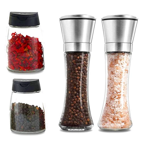 Yugefom Salt and Pepper Grinder Set Combo - Two Free Spice Jars - Black Pepper,Herb Shakers Mill Refillable Manual - Stainless Steel - Adjustable Coarseness - Glass Material - Fits in Home,Kitchen,Barbecue
