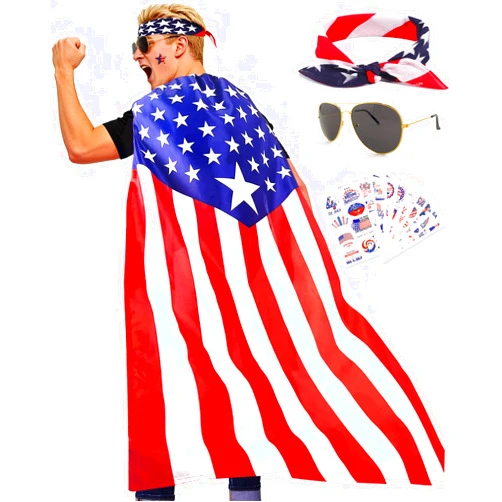 YUSPENYE 250 Year Wearable American Flag Cape Costume Set 250th Anniversary Merchandise with Sunglasses, Headband & Tattoos