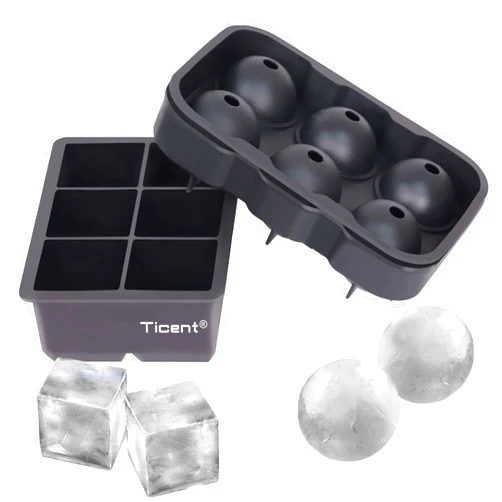 Ticent Ice Cube Trays (Set of 2), Silicone Sphere Whiskey Ice Ball Maker with Lids & Large Square Ice Cube Molds for Cocktails & Bourbon - Reusable & BPA Free