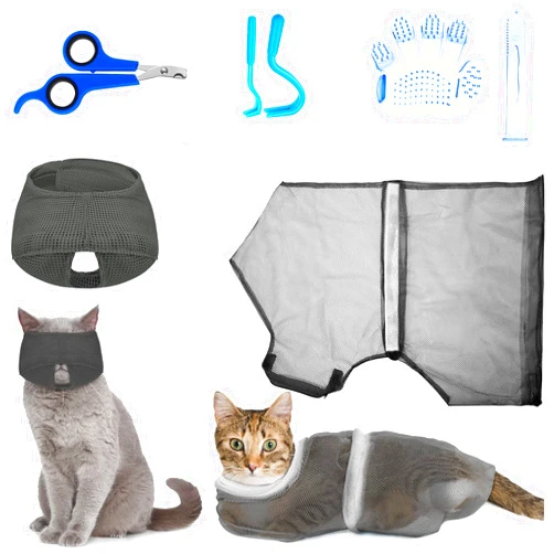 Patelai 5 Pcs Cat Bathing Bag Set Cat Grooming Bag Adjustable Pet Shower Net Bag Muzzles Nail Clipper Tick Remover Tool Massage Brush (Grey-White)
