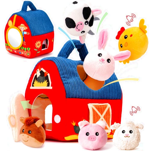hahaland Baby Toys 6-12 Months - Surprise Barn with Stuffed Farm Animals, Rattle, Crinkle Paper, Mirror - Busy Montessori Toys for Babies, Sensory Toys for Toddlers 1-3 - Baby Stocking Stuffers Gifts