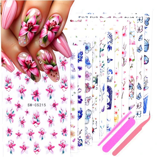 STZPRONAIL Flower Stickers for Nail Art Decals - 12 Sheets Spring Butterfly Nail Stickers with Tweezers 3D Floral Leaves Plant Nail Art Designs DIY Self Adhesive Daisy Blossom Nail Supplies Decorations