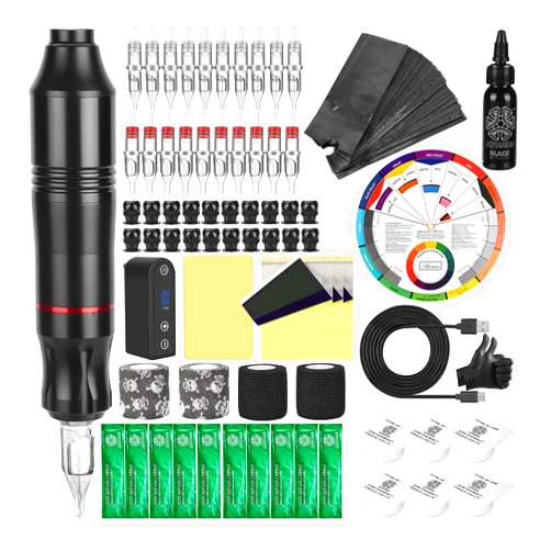 ATOMUS Rotary Tattoo Pen Machine Kit, ATOMUS Tattoo Kit with DC Power Supply 3RL 5RM Cartridge Needles 30ml Tattoo Ink Bandages Ink Cups Tattoo Accessories Supplies Kit for Tattoo Beginners Artists