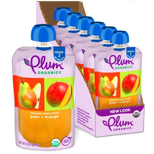 Plum Organics Stage 2 Organic Baby Food - Pear and Mango - 4 oz Pouch (Pack of 6) - Organic Fruit and Vegetable Baby Food Pouch
