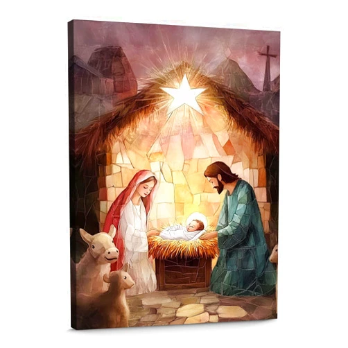 Generic Nativity Scene Canvas Print - Holy Family and Baby Jesus Christmas Artwork 16x24inch-Unframed