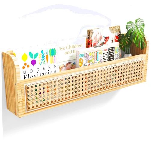 Ecowillon Wooden Rattan Wall Shelf - 24’’ Nursery Hanging Book Shelves for Wall, Picture Ledge Wicker Shelf, Boho Decorative Shelves for Netural Nursery Decor, Floating Rattan Shelf for Office,Bedroom