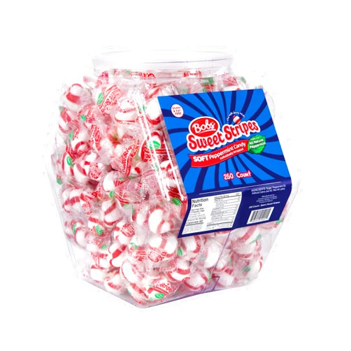 Bob's Sweet Stripes Bobs Sweet Stripes Soft Peppermint Candy - 250 Mints Individually Wrapped in Reusable Plastic Tub - Peppermint Candy White,Red